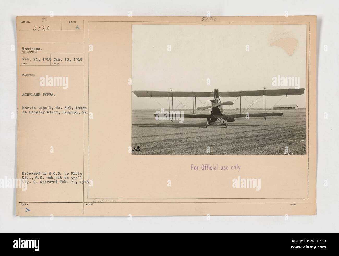Bild eines Martin-R-Flugzeugs, Nr. 523, aufgenommen in Langley Field, Hampton, Virginia. Dieses Foto wurde am 10. Januar 1918 aufgenommen und von W.C.D. an Photo DIC., S.C. veröffentlicht, vorbehaltlich App'l Sig. C. genehmigt am 21. Februar 1918. Dieses Bild ist nur für den offiziellen Gebrauch bestimmt. Stockfoto