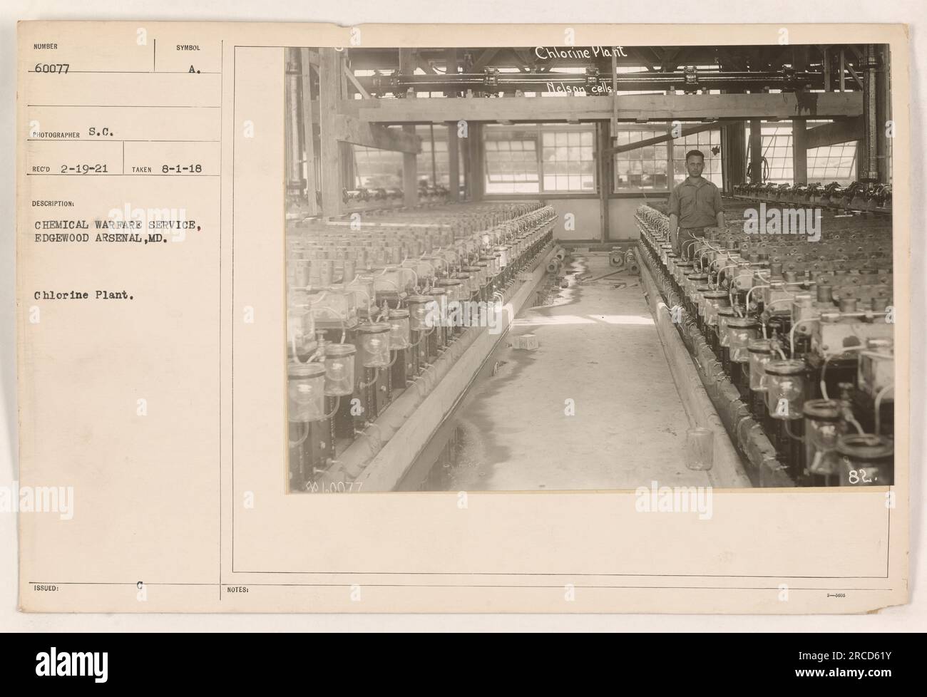 Chloranlage im Chemical Warfare Service, Edgewood Arsenal, MD. Dieses Foto wurde am 1. August 1918 aufgenommen und am 19. Februar 1921 erhalten. Die unter Nummer 60077 genannte Anlage wurde zur Herstellung von Chlorgas genutzt. Hinweise vom Chemical Warfare Service bezeichneten sie in Aufrufen 82 als 801,0077 Chlor Plant Nals. Stockfoto