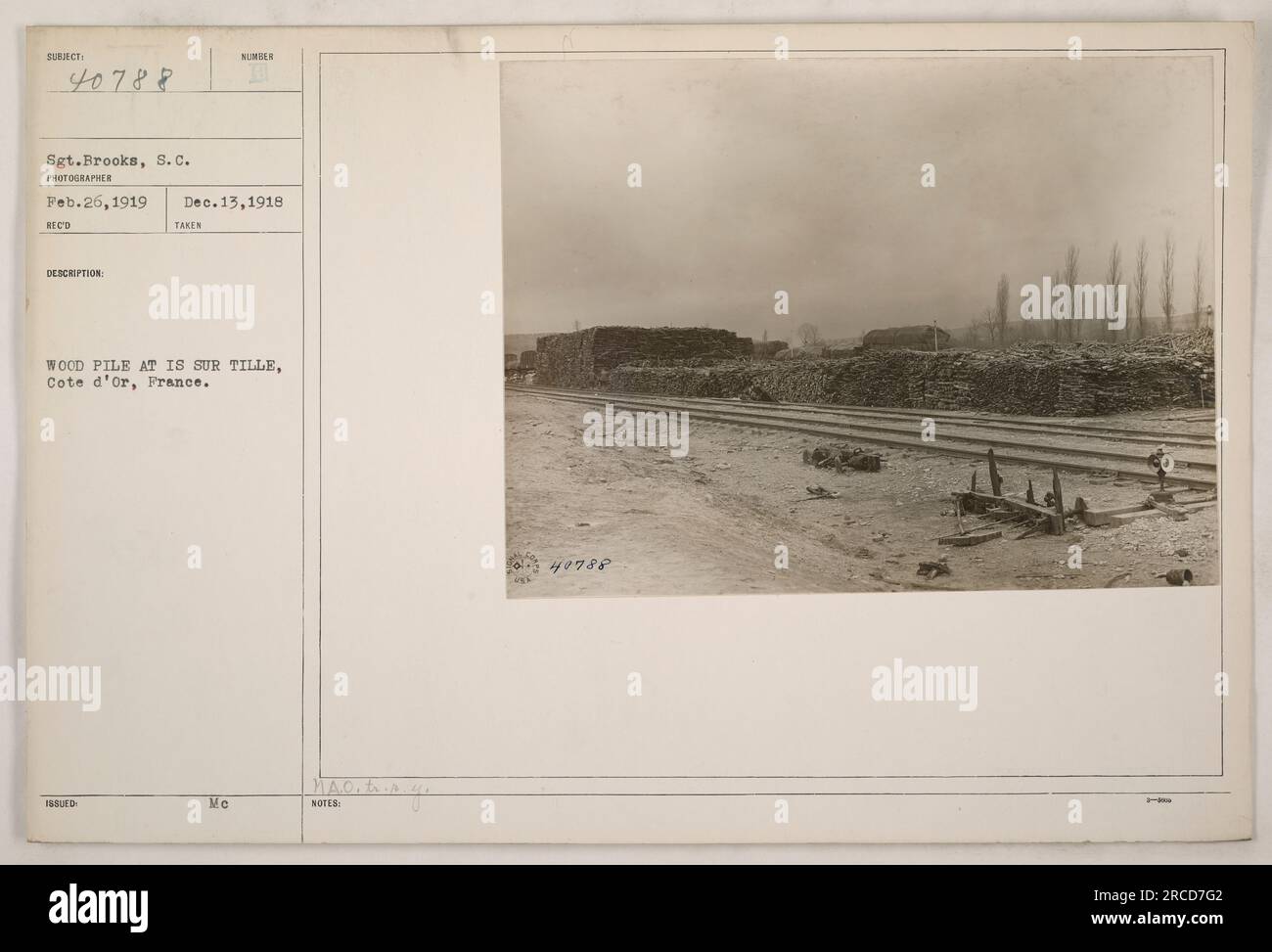 Sergeant Brooks, S.C., fotografierte einen Holzhaufen in Sur Tille, Cote d'Or, Frankreich, am 26. Februar 1919. Das Bild wurde am 13. Dezember 1918 empfangen und ist mit 188UED beschriftet. Hinweis: Es liegen keine weiteren Informationen vor. Stockfoto