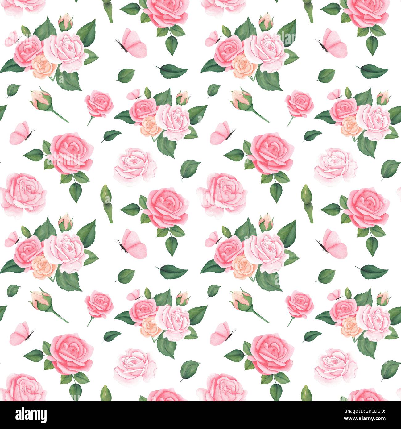 Nahtloses, wasserfarbenes Blumenmuster – Rosa Blütenelemente, grüne Blätter auf weißem Hintergrund. Für Verpackungen, Tapeten, Postkarten, gree Stockfoto
