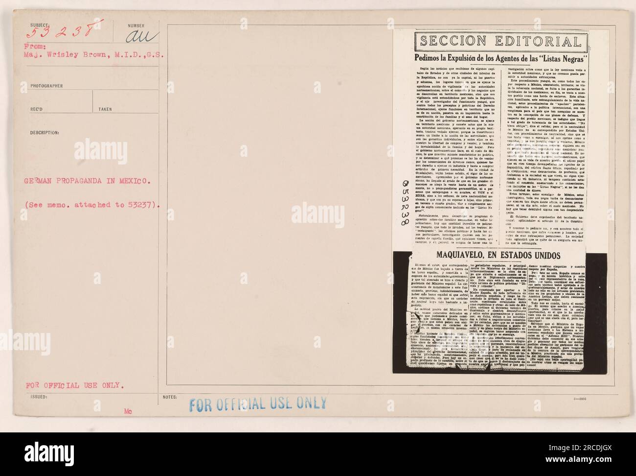 Bild deutscher Propagandabemühungen in Mexiko während des Ersten Weltkriegs (Siehe beigefügtes Memo). Die Überschrift besagt: "Deutsche Propaganda in Mexiko. Nur zur amtlichen Verwendung. Herausgegeben von Major Wrisley Brown, M.I.D., G.S. Fotograf Reco. Beschreibung: Nummer {INSERT Number}. Weitere Informationen finden Sie im beigefügten Memo.“ Stockfoto