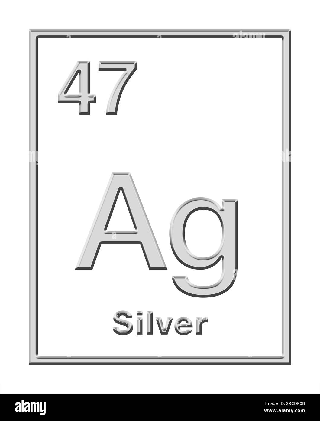 Silber, chemisches Element aus Periodensystem, mit Reliefform. Edelmetall mit chemischem Symbol AG (lateinisches Argentum) und Atomzahl 47. Stockfoto