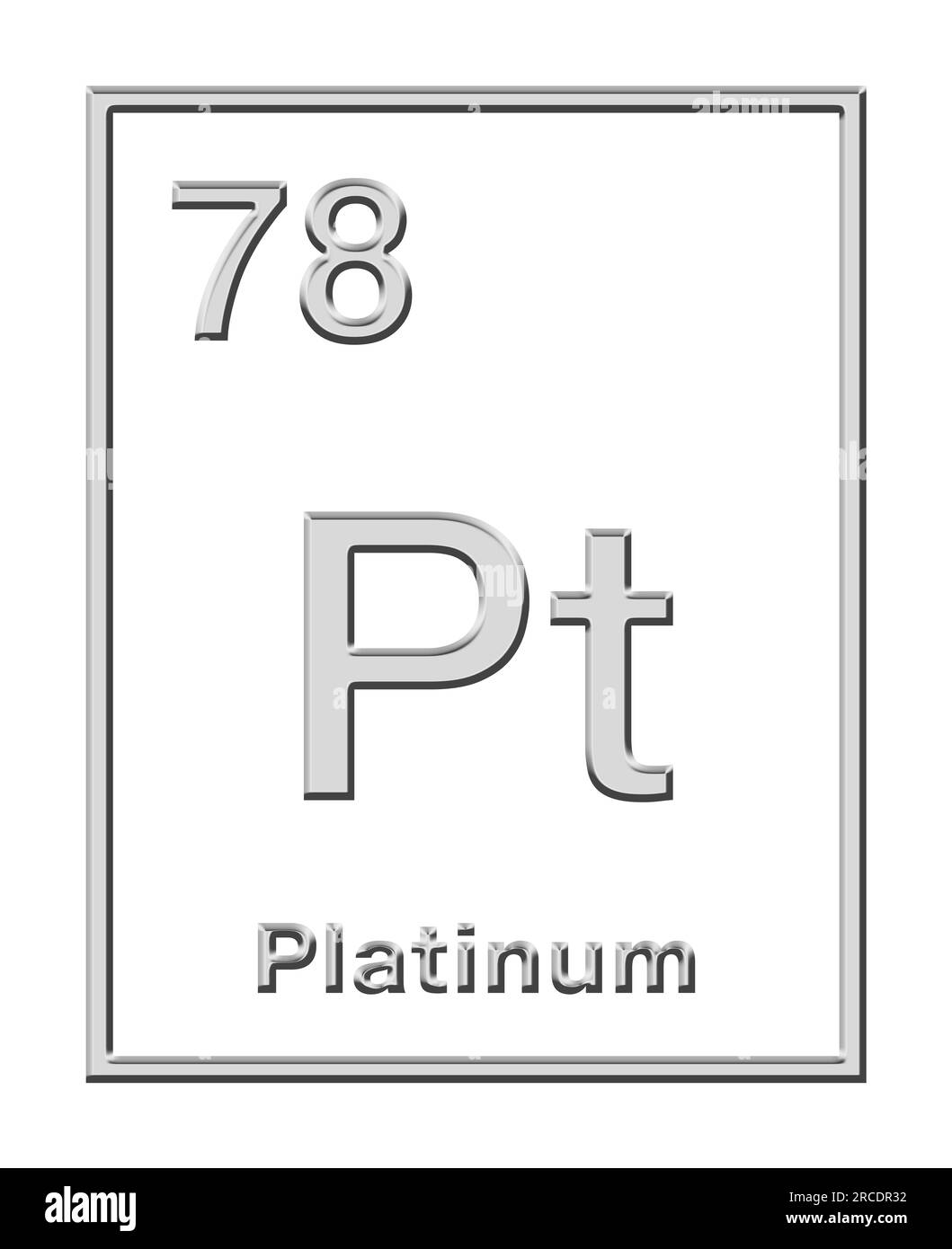 Platin, chemisches Element aus dem Periodensystem, mit Reliefform. Edelmetall mit chemischem Symbol PT (Spanische plata) und Atomzahl 78. Stockfoto