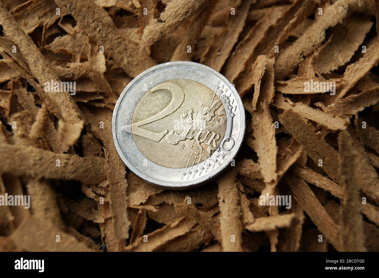 2-Euro-Münzrückseite benutzt. Bimetallisch-europäische Münze Stockfoto
