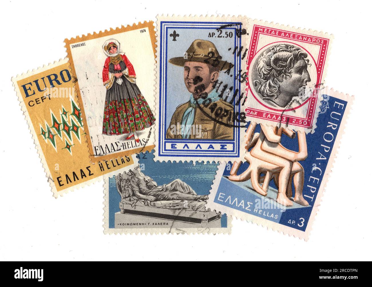 Klassische Briefmarken aus Griechenland auf weißem Hintergrund. Stockfoto