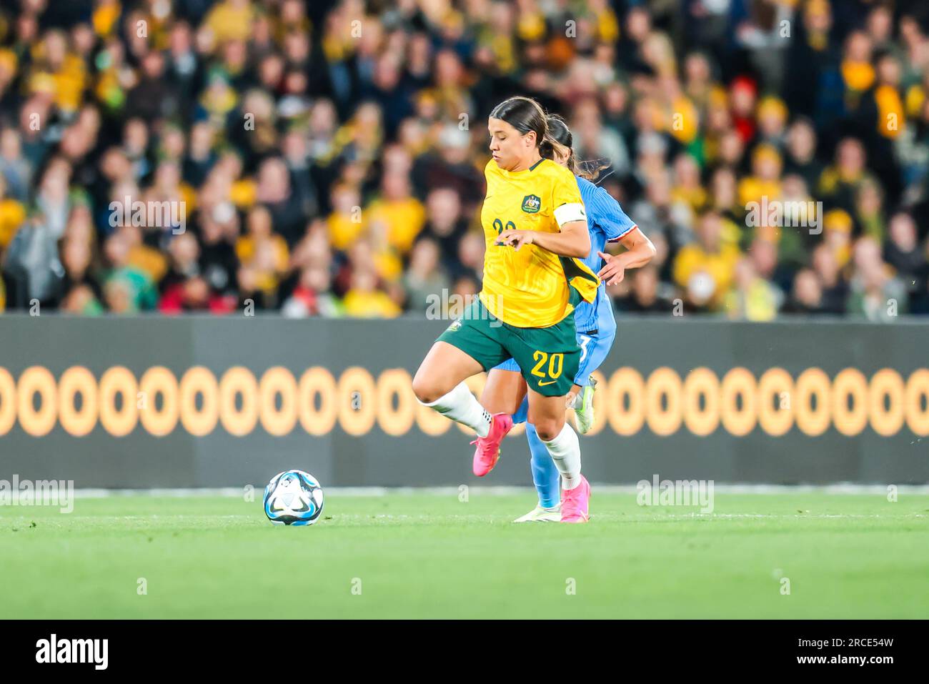 Melbourne, Victoria, Australien. 14. Juli 2023. MELBOURNE, AUSTRALIEN - JULI 14 : Sam Kerr von Australien spielt Frankreich bei der Weltmeisterschaft 2023 Senden Sie das freundliche Spiel am 14. Juli 2023 (Kreditbild: © Chris Putnam/ZUMA Press Wire) NUR REDAKTIONELLER GEBRAUCH! Nicht für den kommerziellen GEBRAUCH! Stockfoto