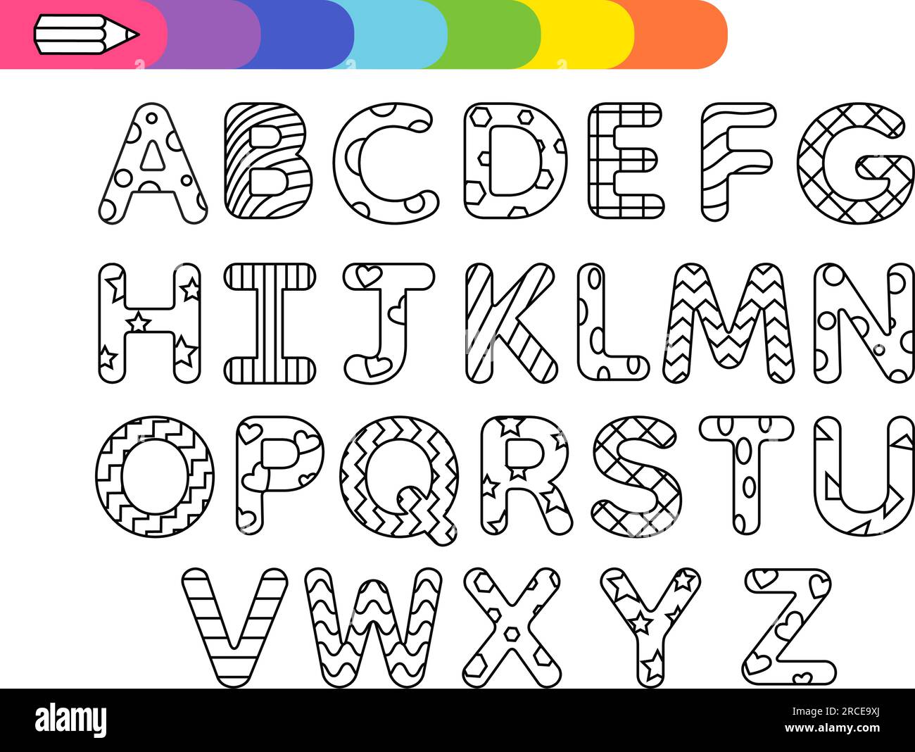 Alphabet-Design im Kinderstil, verspielte kindische Abc-Vektorzeichnung mit großen Buchstaben Stock Vektor