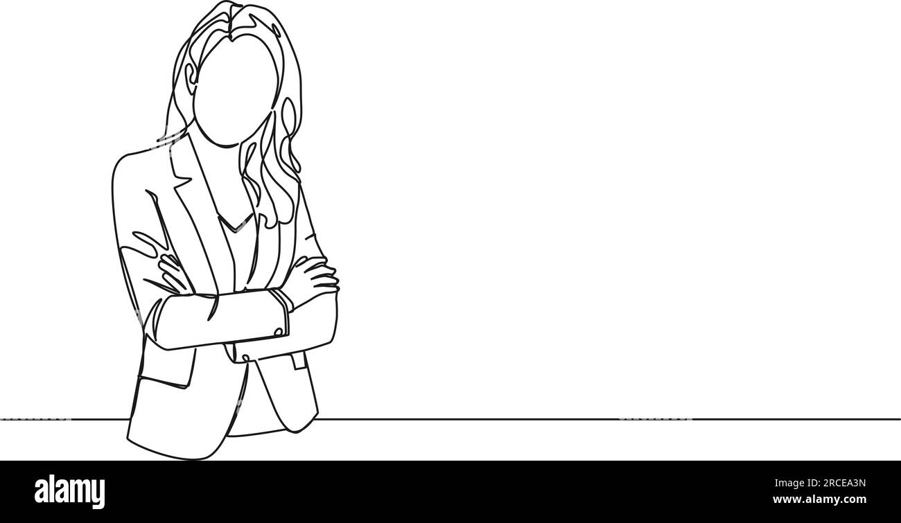 Fortlaufendes einzeiliges Zeichnen einer Geschäftsfrau mit gekreuzten Armen, Strichkunst-Vektordarstellung Stock Vektor