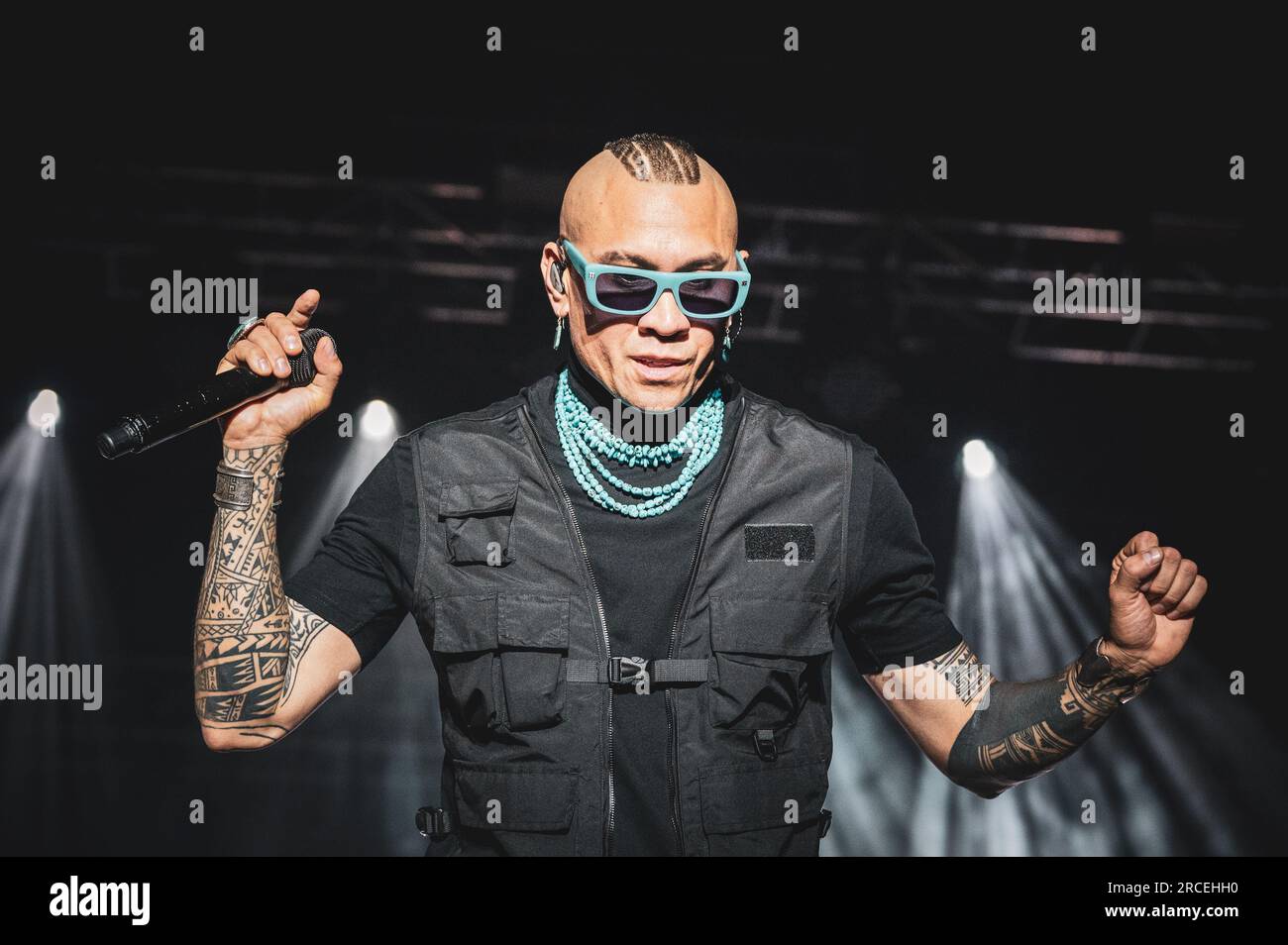 TORINO, STUPINIGI SONIC PARK FESTIVAL 2023, ITALIEN: Tabu (echter Name Jaime Luis Gomez) der amerikanischen Musikgruppe, bestehend aus Rappern namens Black Eyed Peas, die live auf dem Stupinigi Sonic Park Festival auftreten Stockfoto