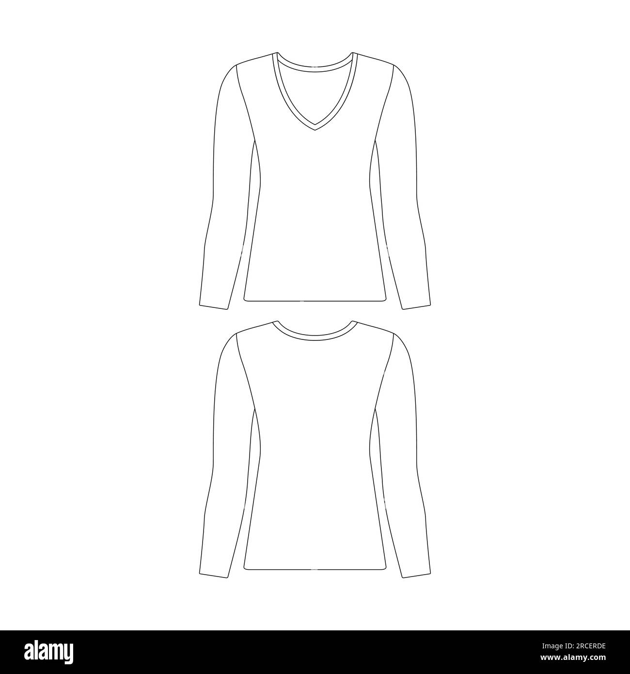 Vorlage schlanke Passform Langarm-T-Shirt mit V-Ausschnitt Frauen Vektorgrafik flaches Skizzendesign Stock Vektor