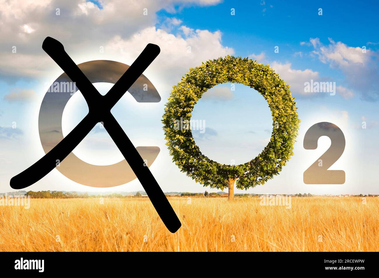 Durch das Pflanzen von mehr Bäumen wird der CO2-Ausstoß reduziert – Reduzierung der Menge an CO2-Emissionen – Konzept, bei dem der Buchstabe C von CO2 entfernt wird, um Sauerstoff zu erhalten. Stockfoto