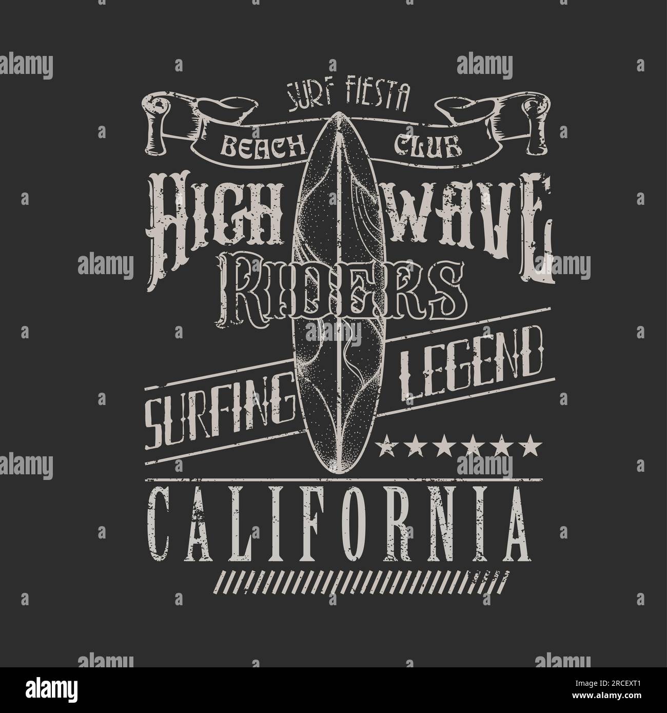 Vintage High Wave Riders Surfing Legend California Beach Typographic Surf Board Sommer T-Shirt Druck Vektor Stock Vektor