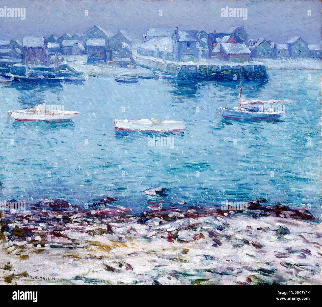 Winter in Harbor vom amerikanischen impressionistischen Maler Charles Salis Kaelin (1858-1929), Öl auf Leinwand, 1916 Stockfoto