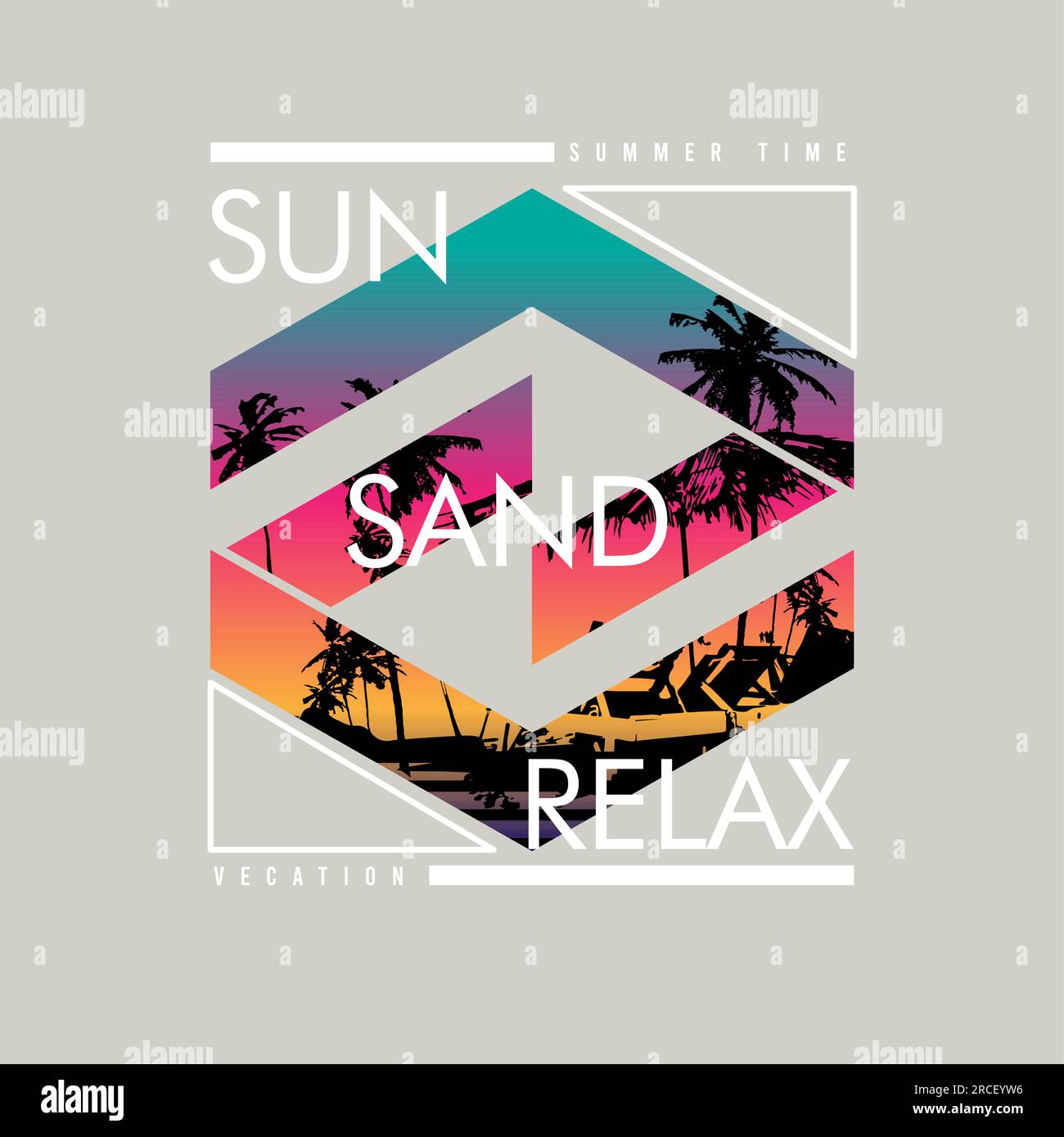 Sommer Grafik Sonne Sand Relax Typografie Gradient Palme Baum Strandszene Mode für T-Shirt Druck Grafikdesign Vektordarstellung Stock Vektor