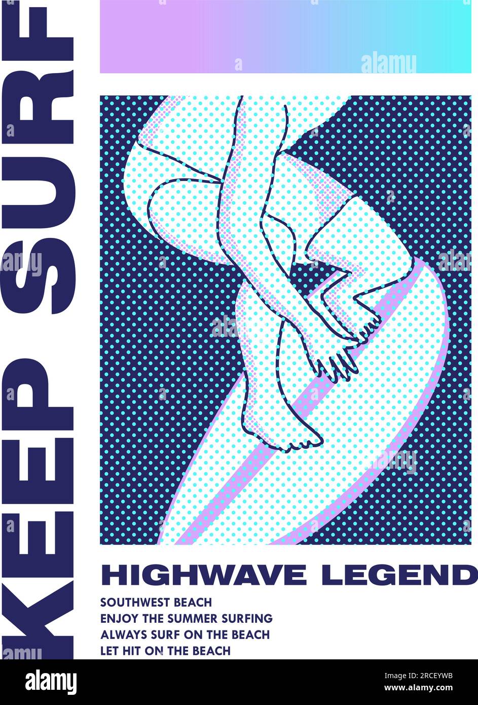 Surf High Wave Typografie Gradient Punktmuster Sommer Strand Surfen T-Shirt Druck Grafikdesign Vektorposter Stock Vektor