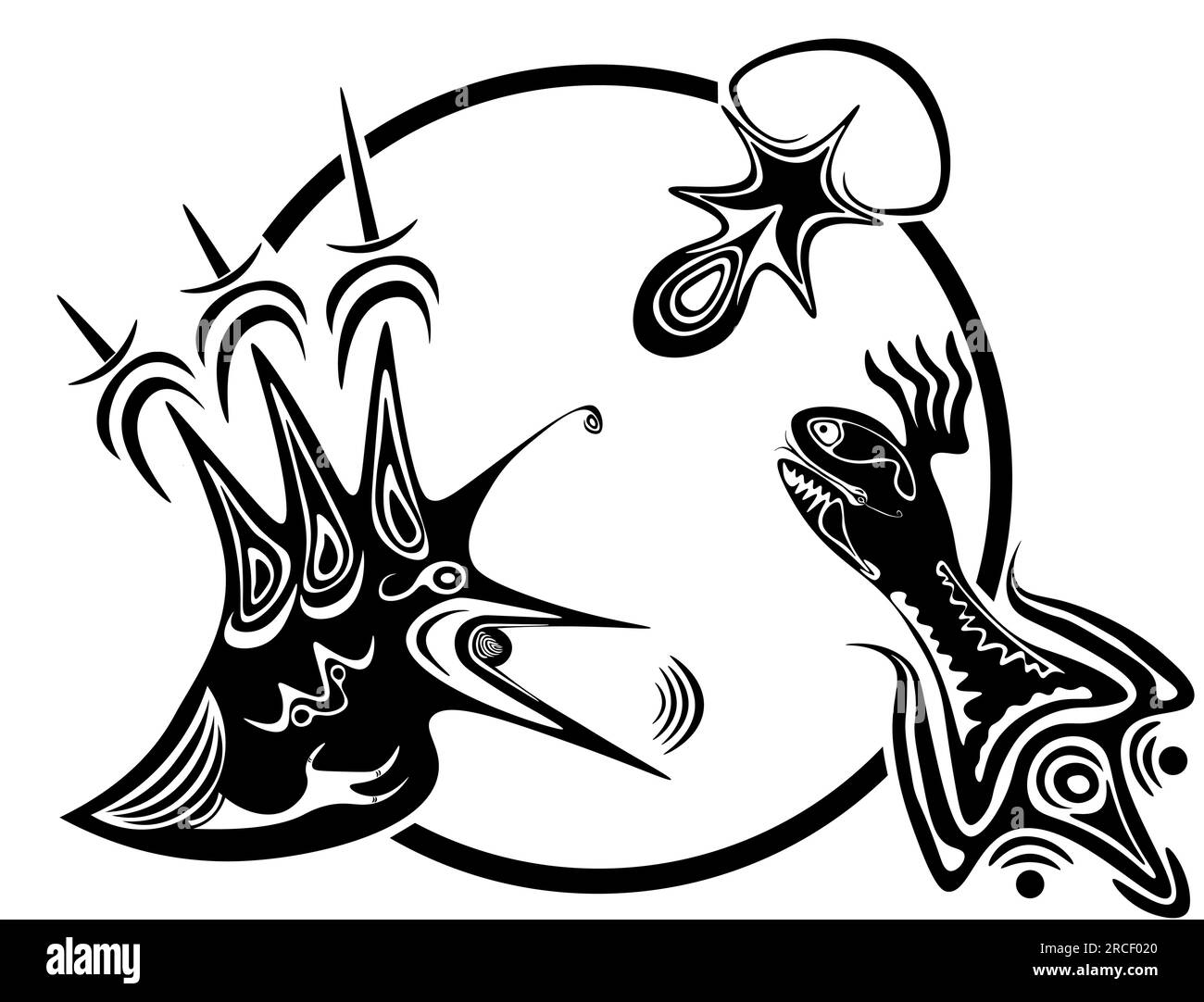 Diese abstrakte Vektordarstellung in Schwarz und Weiß zeigt drei Figuren, die innerhalb eines Kreises miteinander verbunden sind: Einen Vogel mit scharfen Details und einem menschlichen Fuß Stock Vektor