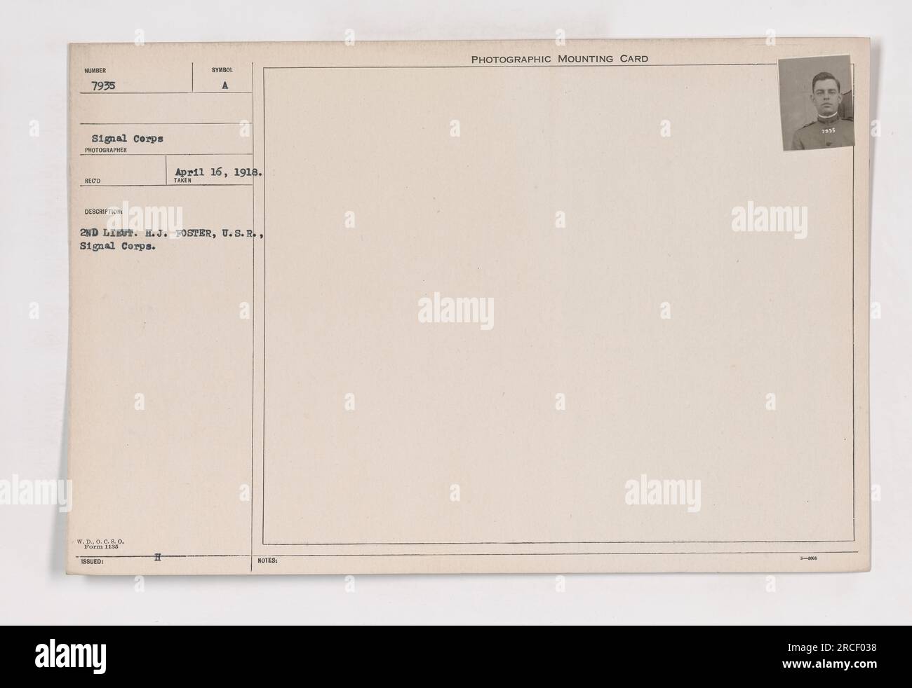 2. Lieut. H.J. Foster der USA Das Signalkorps ist auf diesem Foto zu sehen, identifiziert als 111-SC-7935. Das Bild wurde am 16. April 1918 aufgenommen. In der zugehörigen Beschreibung wird ein "W.D.O.C.S.O." erwähnt Formular 1138 188UED“ sowie eine „Fotomontagekarte am HOL 3336“. Stockfoto