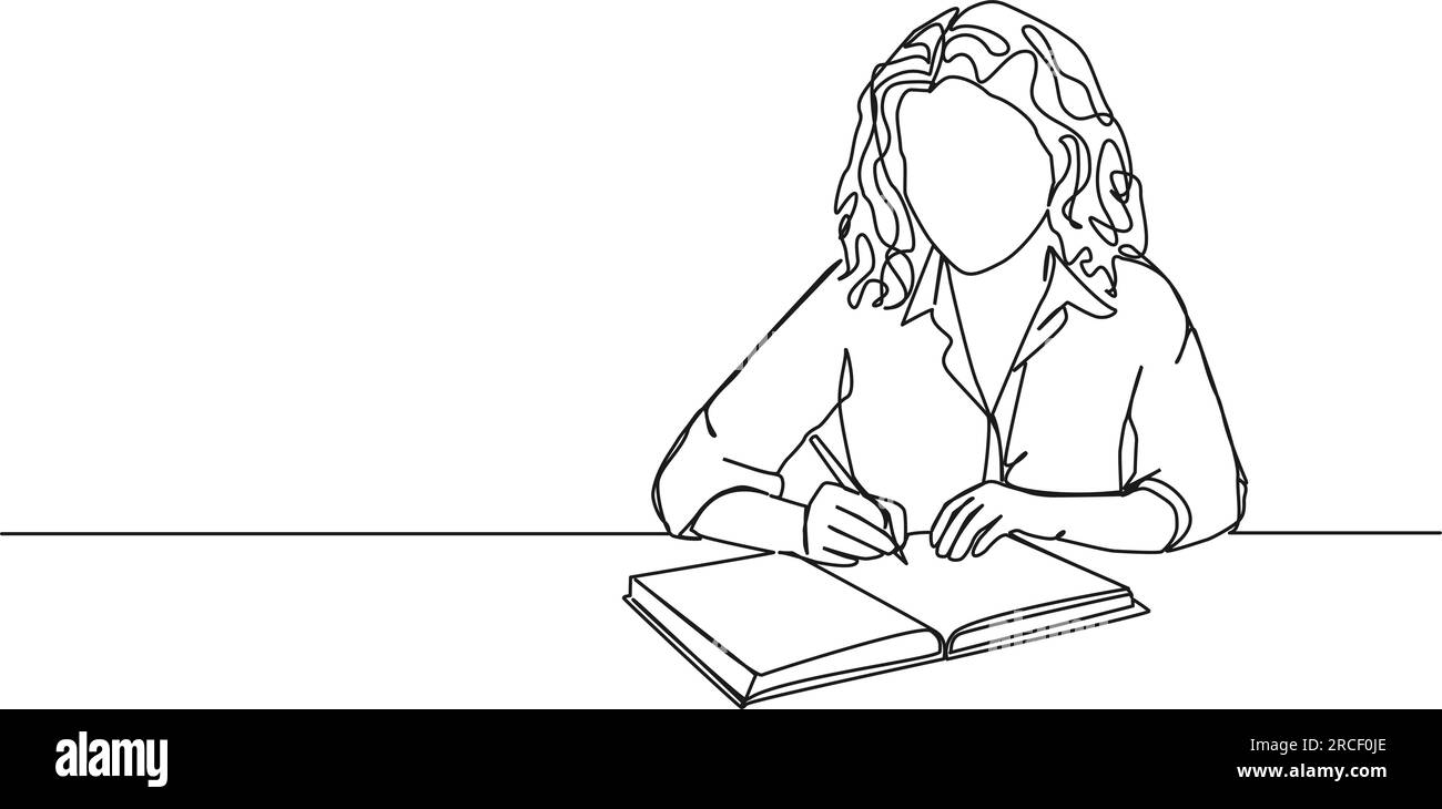 Durchgehende einzeilige Zeichnung einer Frau, die sich Notizen in Tagebüchern macht, Strichgrafiken-Vektordarstellung Stock Vektor