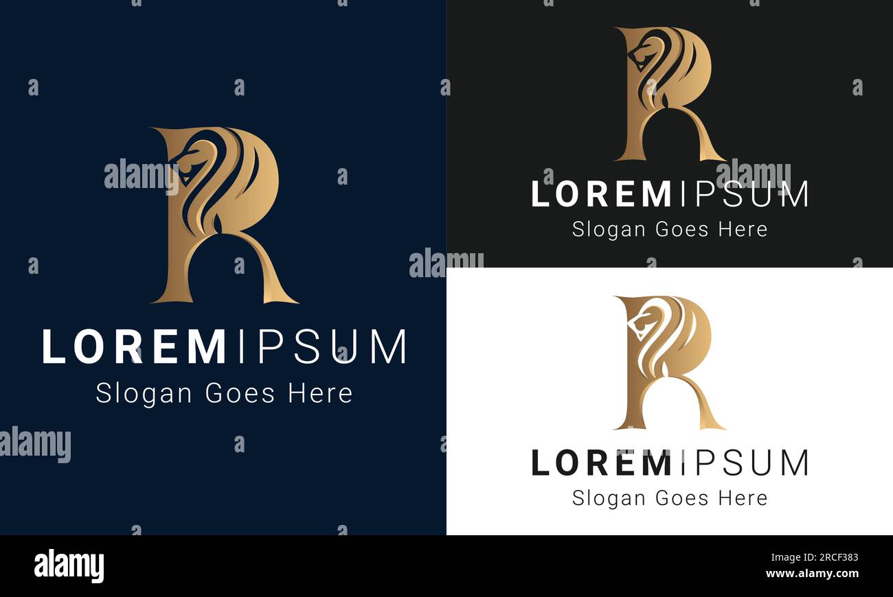 Königlicher König Löwe mit R-Logo Design und kronem R-Buchstaben Stock Vektor