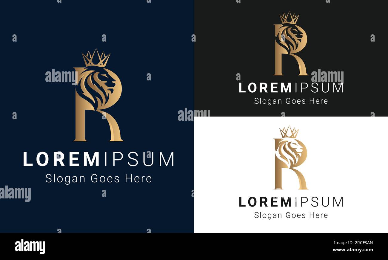 Königlicher König Löwe mit R-Logo Design und kronem R-Buchstaben Stock Vektor