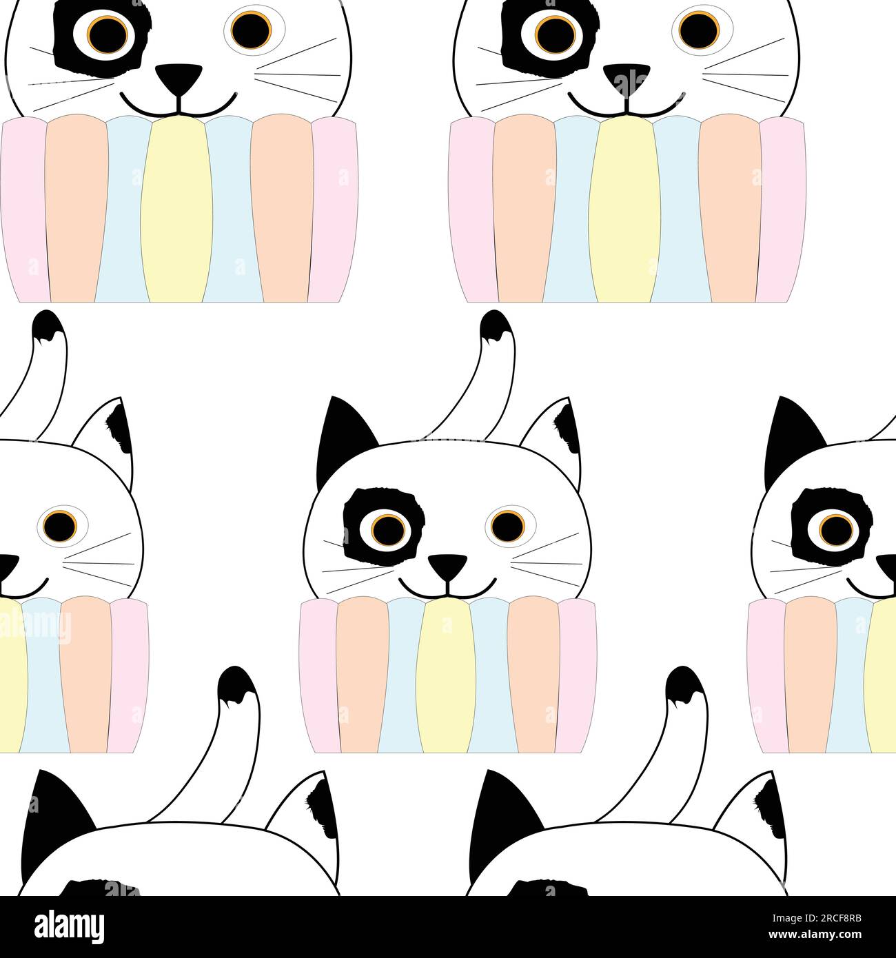 Nahtlose Wiederholung einer komischen Katze in Pastellfarben Cupcake-Muster Vektordarstellung. Pastellfarbenes Cupcake-Design für den Druck auf Textil und Papier Stock Vektor