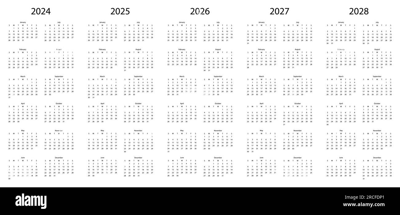 Kalendergruppe. Kalender 2024, Kalender 2025, Kalender 2026, Kalender 2027, Kalender 2028. Wochenstart Montag. Vektorplaner-Vorlage Stock Vektor