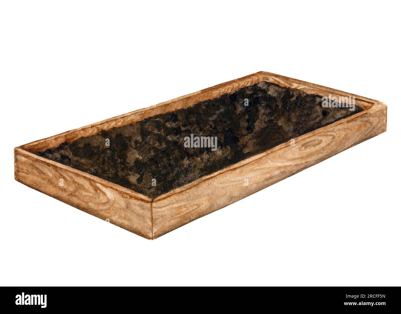 Gartenbett aus Holz zum Anbau von Kräutern und Gemüse. Aquarell-Element zum Thema Gartenarbeit, Frühlingssaat, Gemüseanbau. Stockfoto