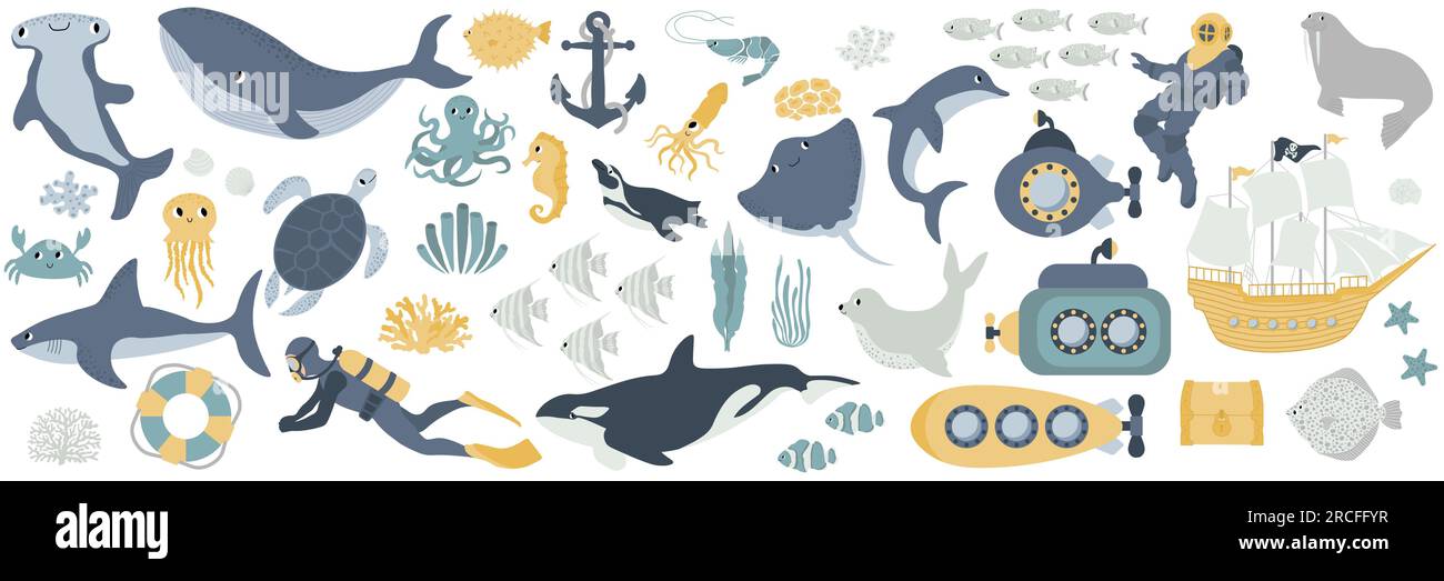 Vector Ocean Mega Set mit Wal, Schildkröte, Quallen, Haien, Krabben, Kraken, Taucher, Pinguin, Tintenfisch, Delfin, Walross, Schiff. Unterwassertiere. Illustration für Stock Vektor