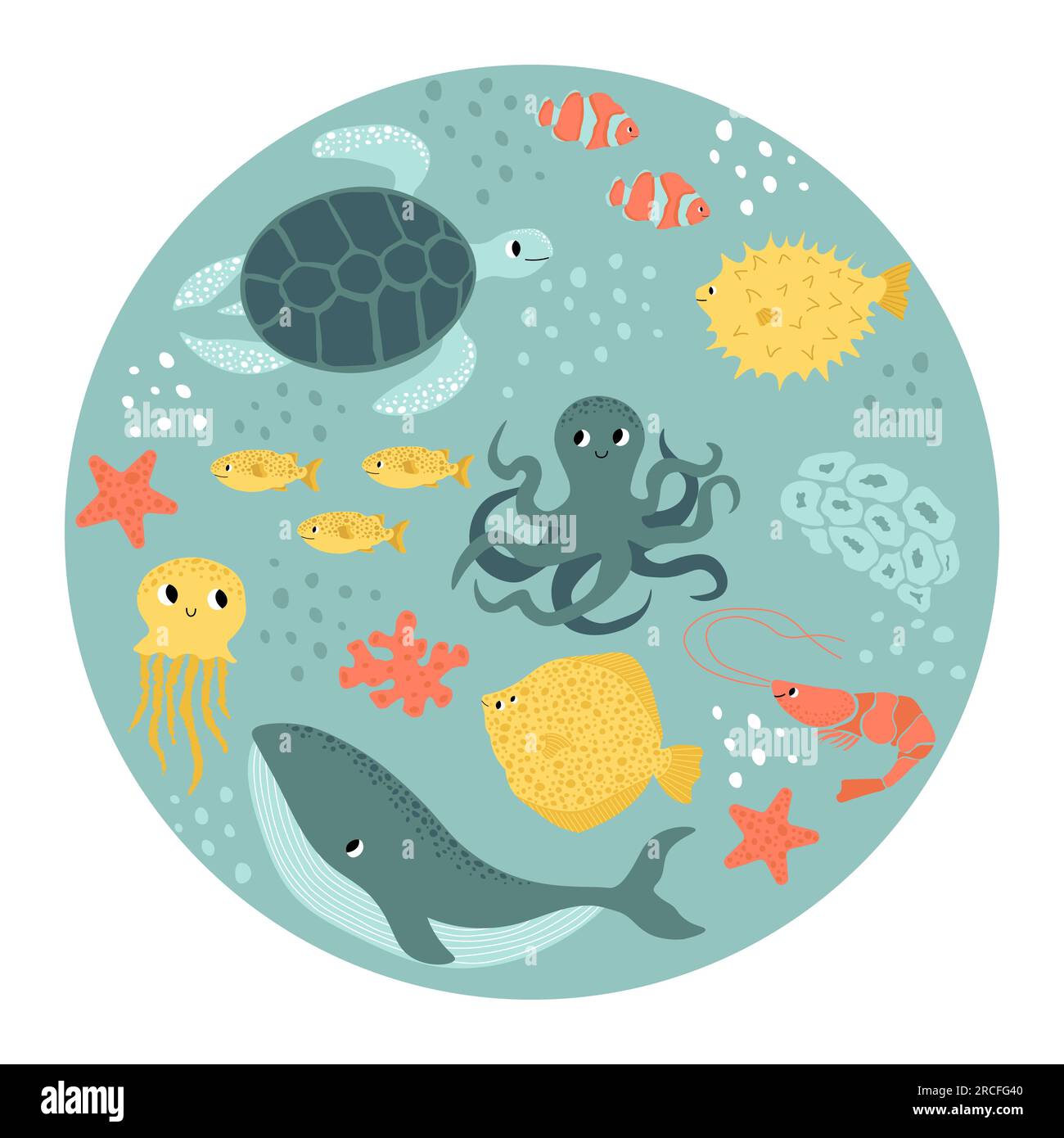 Vektor Ozean Illustration mit Wal, Tintenfisch, Schildkröte, Flunder, Garnelen, Clownfische, Seesterne. Unterwassertiere. Ökologisches Design für Banner Stock Vektor