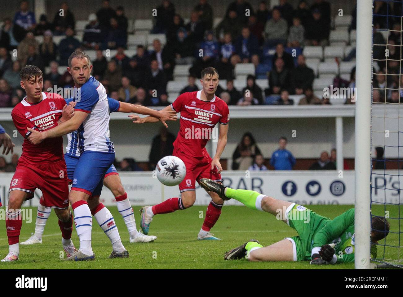 Hartlepool, Großbritannien. 14. Juli 2023. Die Chance für Boro wird beim Vorsaison-Spiel Hartlepool United gegen Middlesbrough im Suit Direct Stadium, Hartlepool, Großbritannien, am 14. Juli 2023 (Foto von James Heaton/News Images) in Hartlepool, Großbritannien, am 7./14. Juli 2023 ausgelöscht. (Foto: James Heaton/News Images/Sipa USA) Guthaben: SIPA USA/Alamy Live News Stockfoto