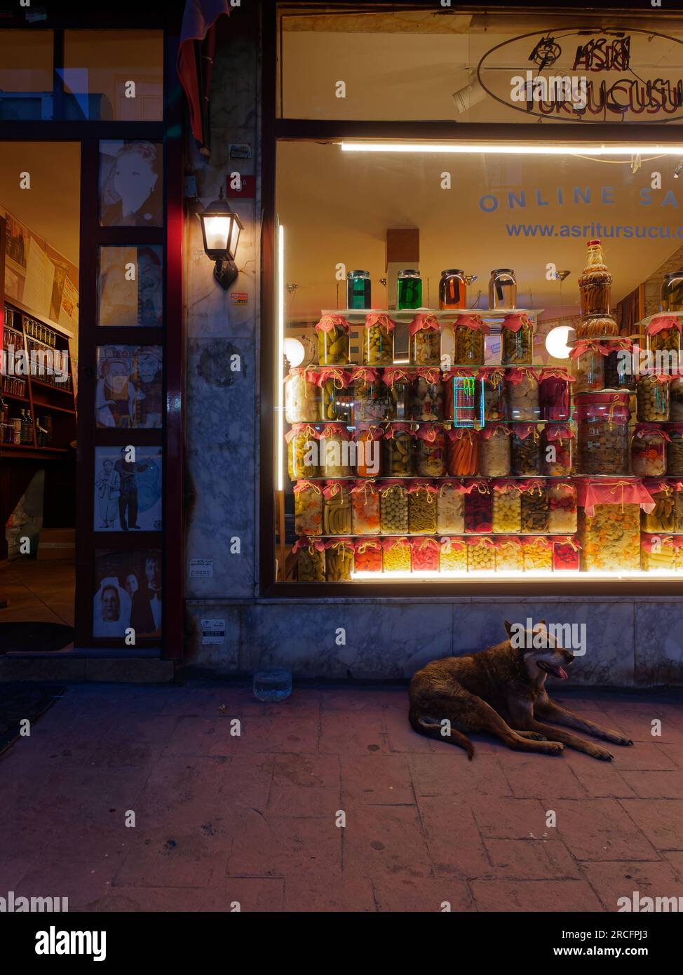 Ein Hund sitzt auf einem Bürgersteig vor einem Laden, der an einem Sommernacht in Istanbul, Türkei, Gefäße mit eingelegtem Gemüse verkauft Stockfoto