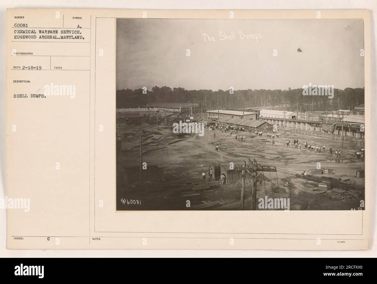 Ein Foto des Chemical Warfare Service in Edgewood Arsenal, MD. Auf dem Bild sind Muschelablagerungen mit dem Code SUMBER 60081 A zu sehen. Es wurde am 18. Februar 1919 von einem Fotografen aufgenommen. Die Beschreibung auf dem Foto zeigt die Shell-Dumps. Dem Foto ist das Symbol 060081 zugewiesen. Stockfoto