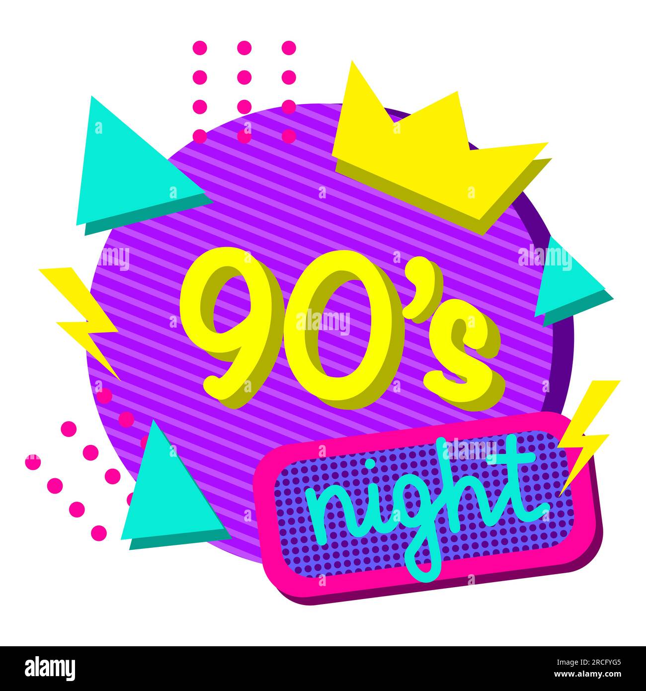 Farbenfrohes Poster mit Schriftzug für 90s Nacht und abstrakten geometrischen Formen, Vektorgrafik für Einladungen zu Veranstaltungen oder Partys, Design im Stil der 1990er Jahre Stock Vektor