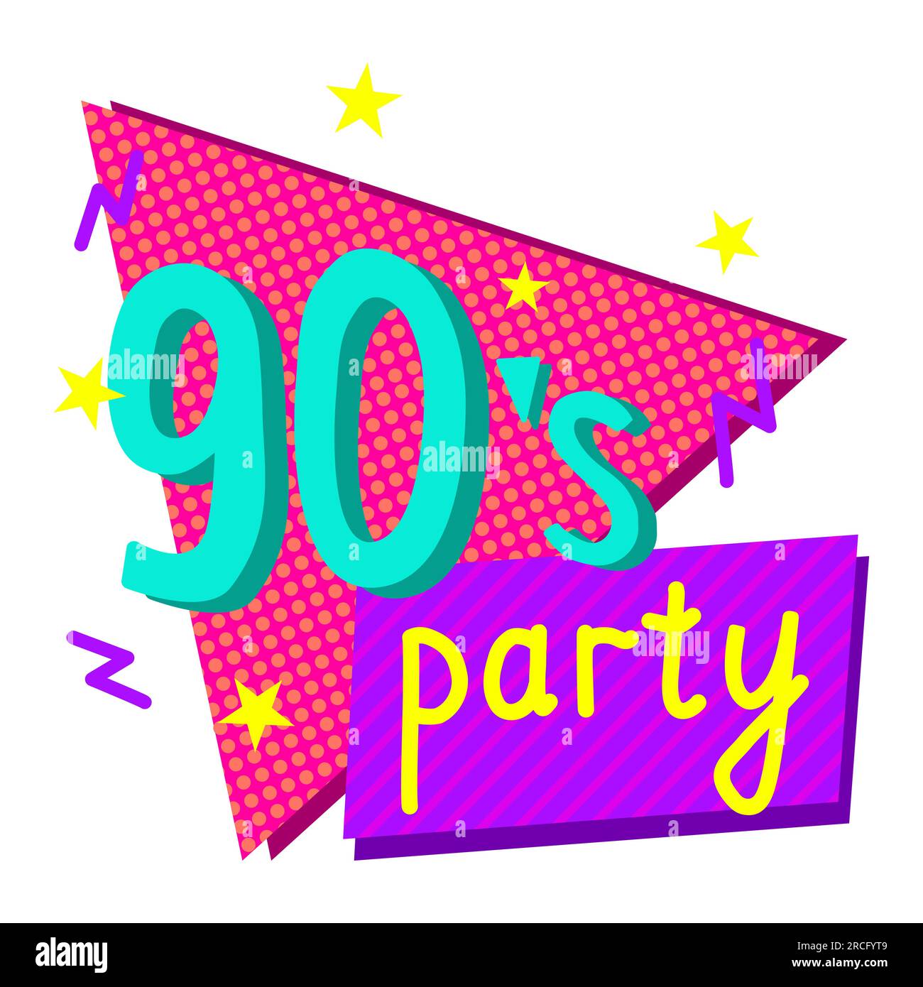 Poster mit Schriftzug 90s Party und abstrakten geometrischen Formen, Vektorgrafik für Event- oder Partyeinladungen, 1990er-Design Stock Vektor