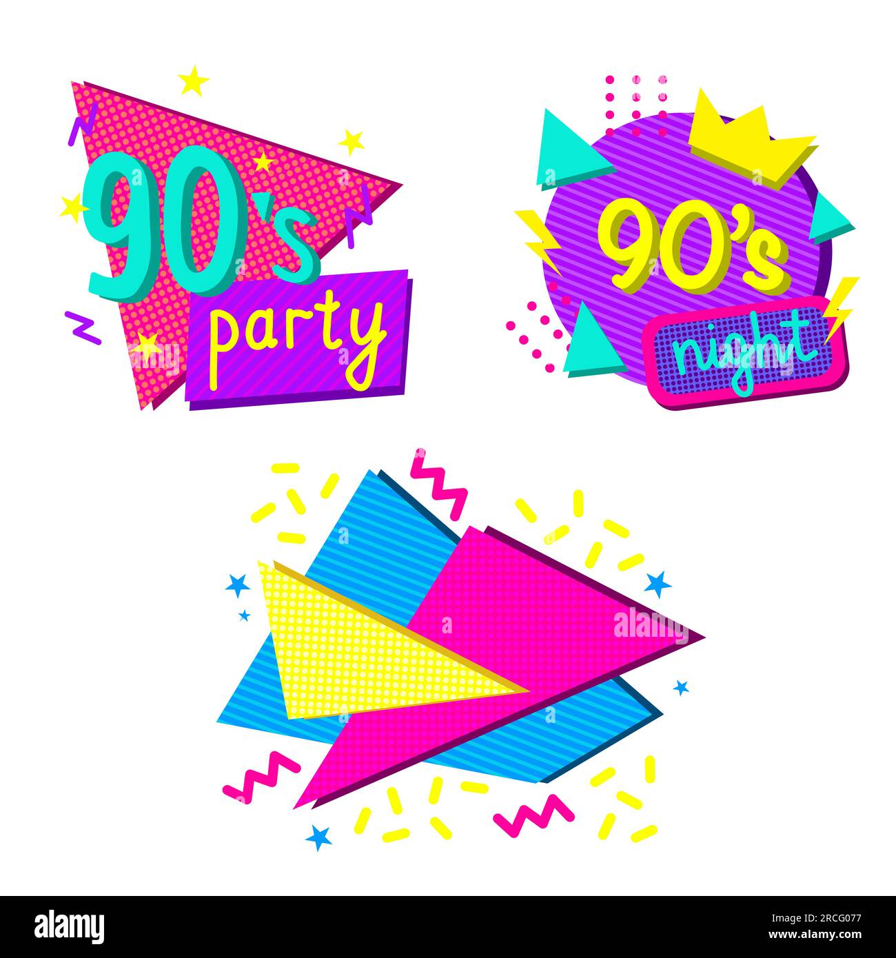 Set mit farbenfrohen Designelementen im Stil der 1990er, Schriftzug mit abstrakten geometrischen Formen, Vektorgrafik für Einladung zu Veranstaltungen oder Partys Stock Vektor