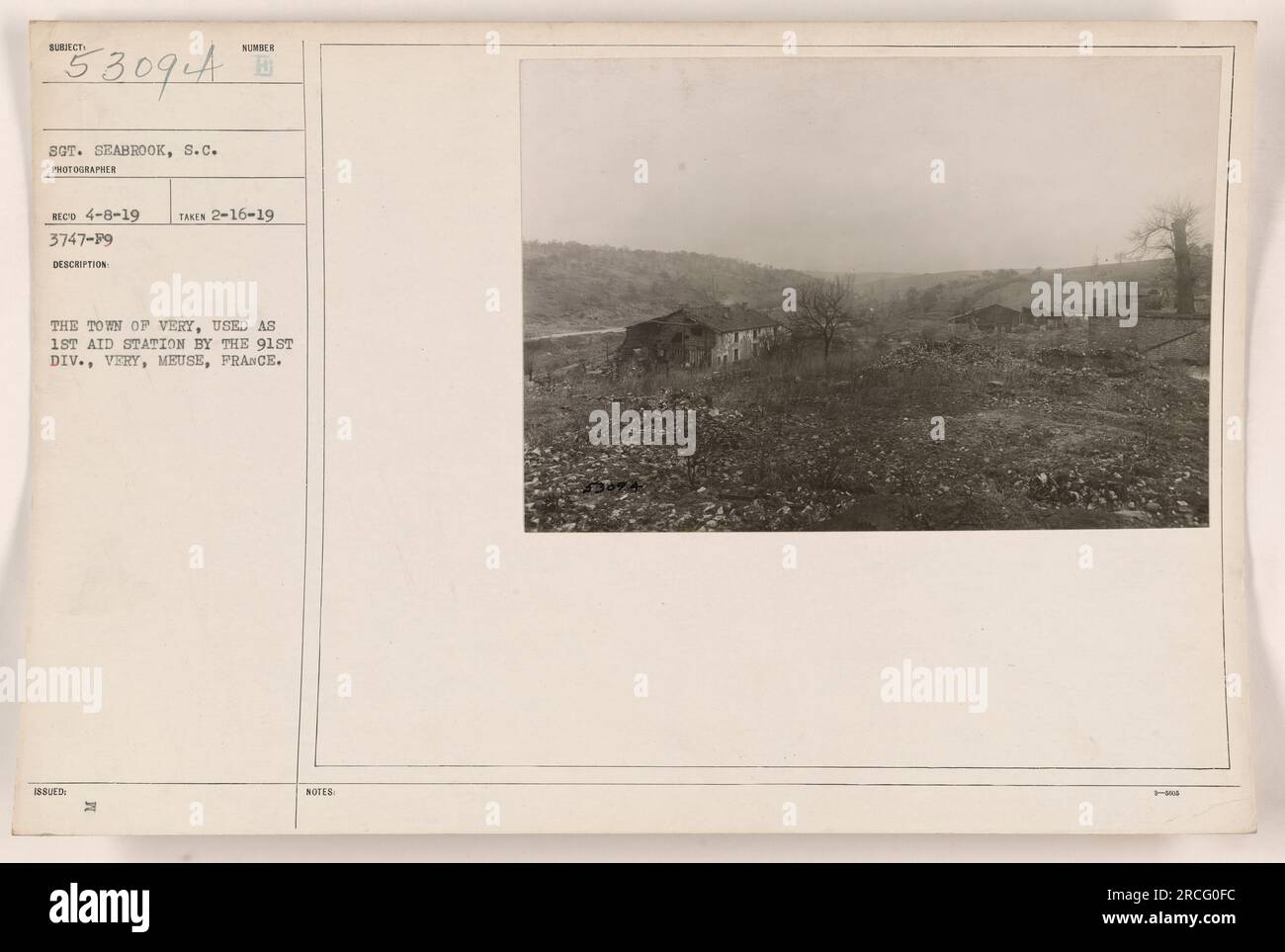 Das Bild zeigt die Stadt sehr in Maas, Frankreich, die von der 91. Division als erste-Hilfe-Station genutzt wurde. Das Foto wurde am 16. Februar 1919 von Sergeant Seabrook aus South Carolina aufgenommen. Das Bild hat die Nummer 3747-79 in der 18. Bureau Kollektion. Stockfoto