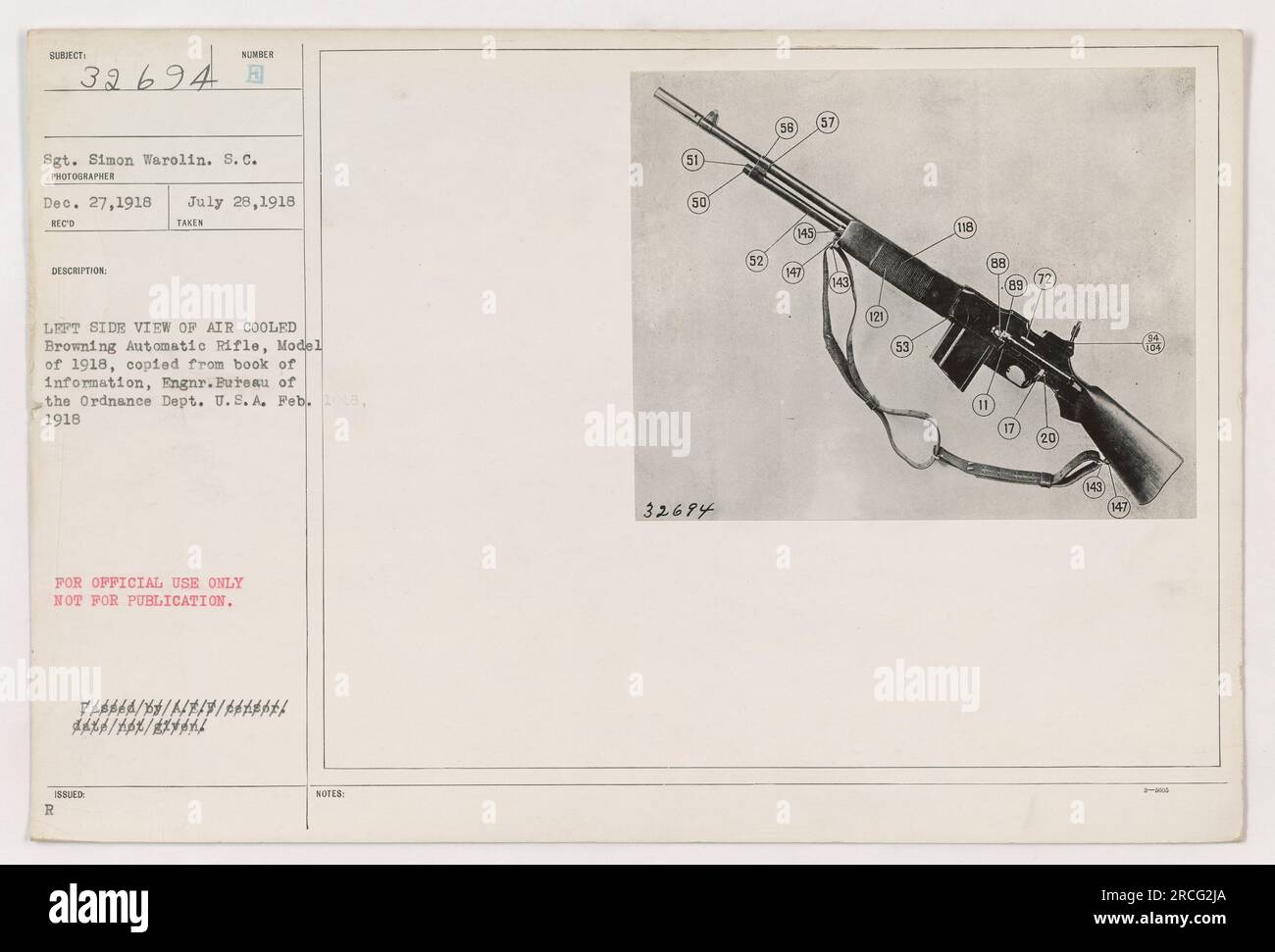 Sergeant Simon Warolin mit luftgekühltem Browning-Gewehr, Modell 1918. Dieses Foto wurde am 28. Juli 1918 aufgenommen. Das Bild zeigt eine linke Seitenansicht der Waffe, kopiert aus einem Informationsbuch des Engineering Bureau der Ordnance Dept, USA Sie ist nur zur amtlichen Verwendung und nicht zur Veröffentlichung bestimmt." Stockfoto