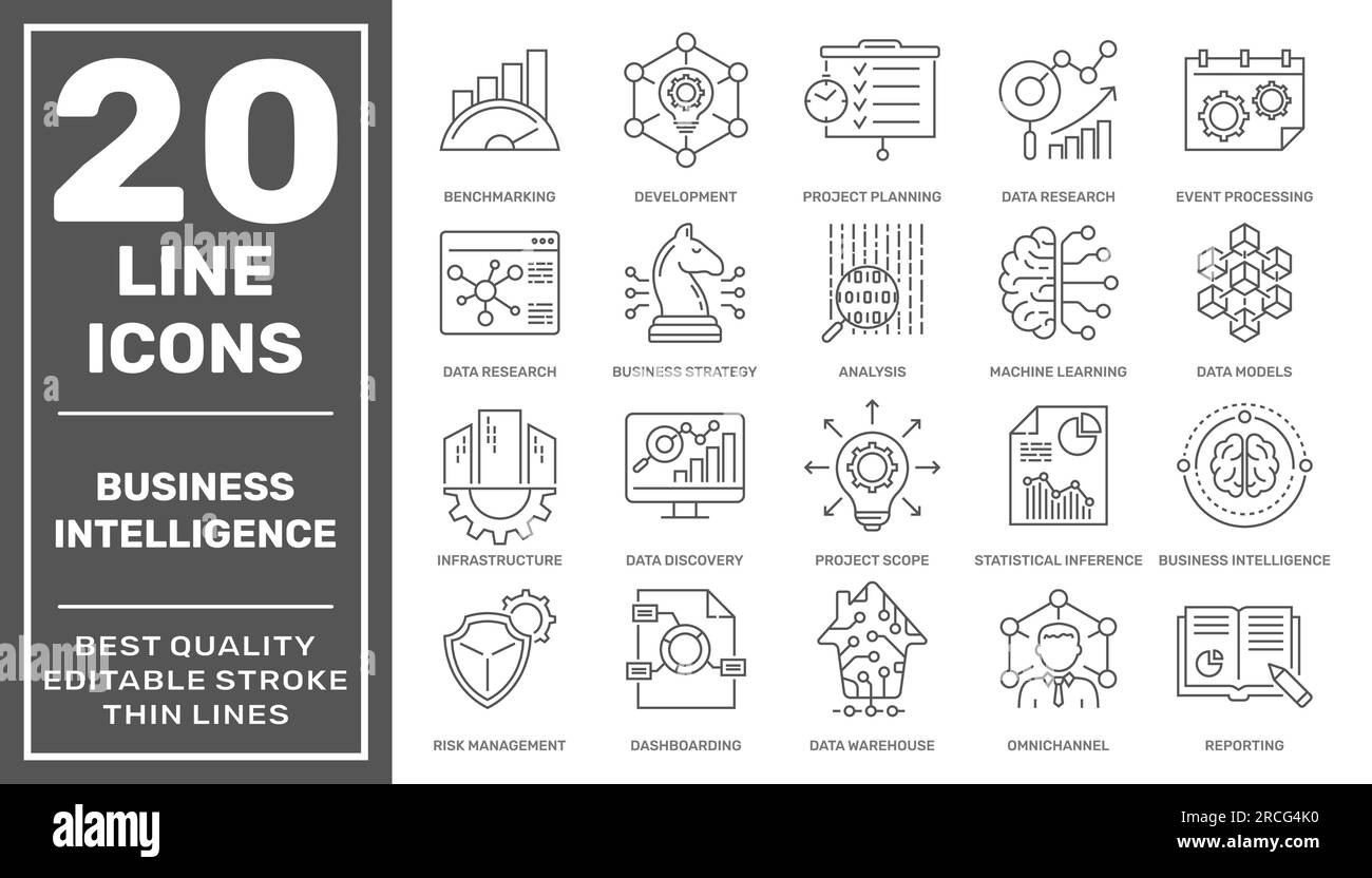 Eine Reihe von Business Intelligence-Symbolen, wie maschinelles Lernen, Datenmodellierung, Visualisierung, Risikomanagement und mehr. Bearbeitbare Kontur. EPS 10 Stock Vektor