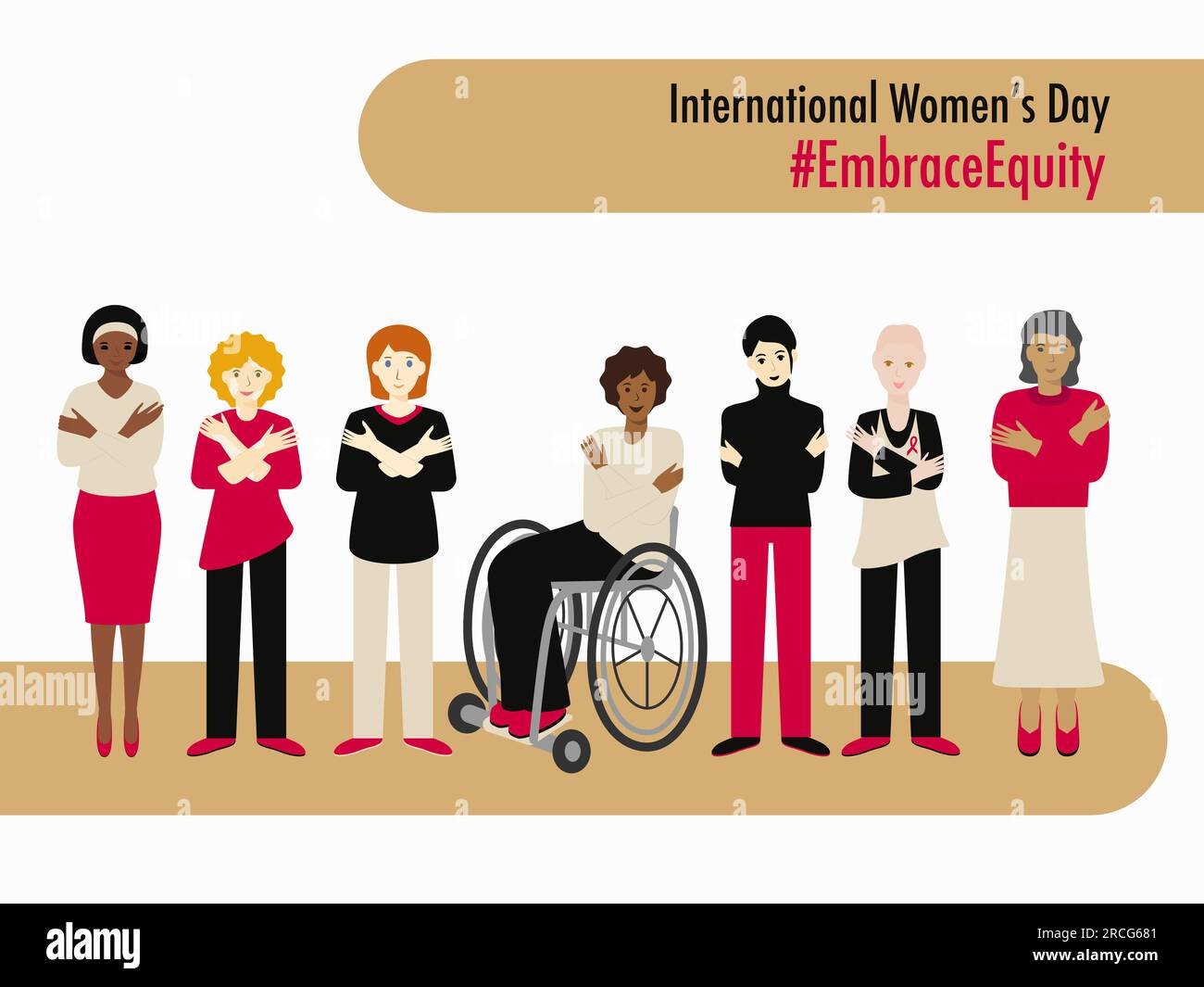 Internationaler Frauentag 2023 Multi-ethnische Personengruppen Porträts #EmbraceEquity schenken der Gerechtigkeit eine riesige Umarmung. Genießen Sie Gerechtigkeit. Chancengleichheit A Stock Vektor