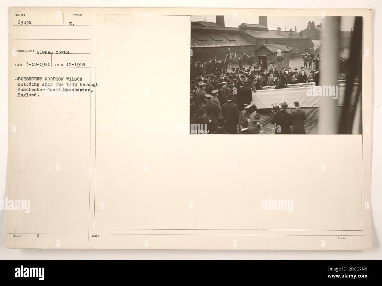 Präsident Woodrow Wilson bereitet sich auf eine Reise durch den Manchester Canal in Manchester, England, vor. Dieses Foto, das im Dezember 1918 aufgenommen wurde, ist eine offizielle Veröffentlichung des Signalkorps und wurde am 10. März 1921 empfangen. Stockfoto