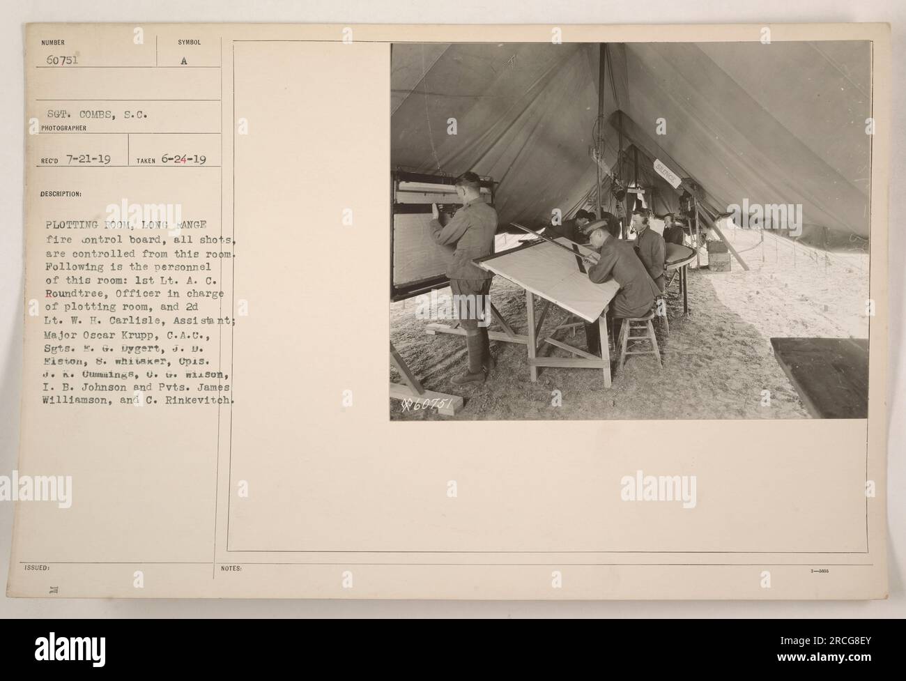 Im Plotterraum wird die Fernfeuerkontrolle benutzt, um alle Schüsse während militärischer Aktivitäten zu kontrollieren. Zu den Mitarbeitern dieses Raums gehören 1. LT. A. C. Roundtree, der für den Plotterraum zuständig ist, und 2D LT. W. H. Carlisle, Assistent. Andere erwähnte Angestellte sind Major Oscar Krupp, C.A.U., Sgts. G. Bygert, J. D. Fision und B. Whitaker, zusammen mit Upis. J. K. CUMAING, U.. w.i. B. Johnson und PVTS. James Williamson und C. Rinkevitch." Stockfoto