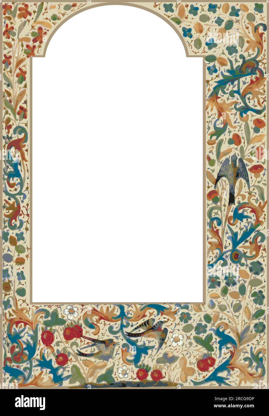 Vögel im mittelalterlichen Stil beleuchtete Manuskriptgrenze, Schwalben fliegen, Pflanzen, Blumen und Reben Stock Vektor