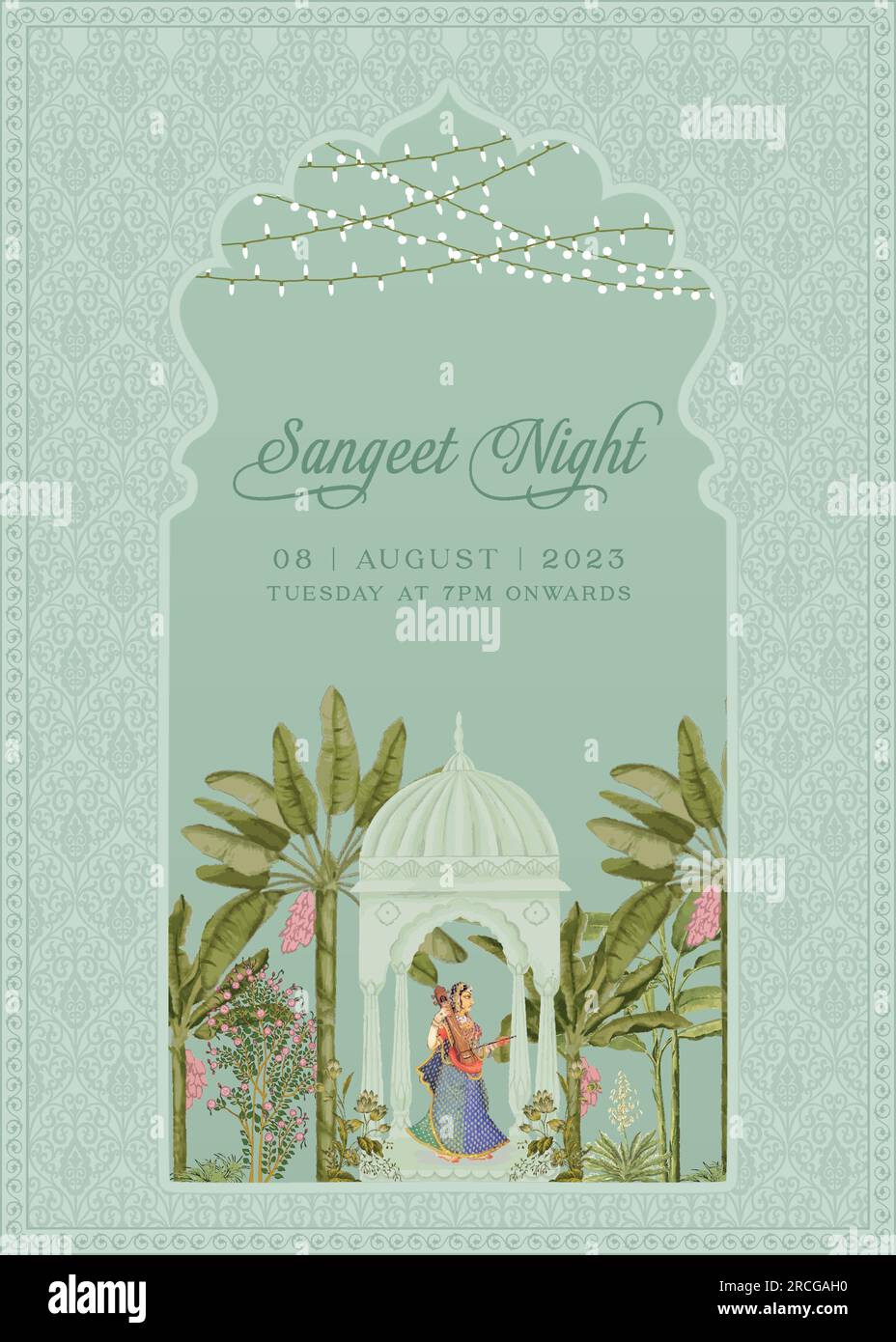 Mogul-Hochzeitskarte. Mogul-Sangeet-Nacht-Einladungskarte-Design zum Drucken von Vektorbildern. Stock Vektor