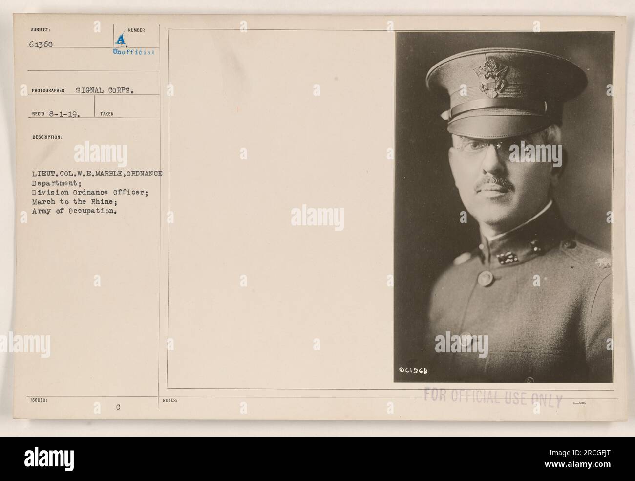 Oberstleutnant W.E. Marble, vom Ordnanzamt, diente während des Marsches zum Rhein als Divisionsoffizier, als Teil der Besatzungsarmee. Dieses Foto, aufgenommen vom Signalkorps und erhalten am 1. August 1919, zeigt LT. Oberstleutnant Marble. Die Beschreibungsnummer ist inoffiziell und nur zur amtlichen Verwendung bestimmt. Stockfoto