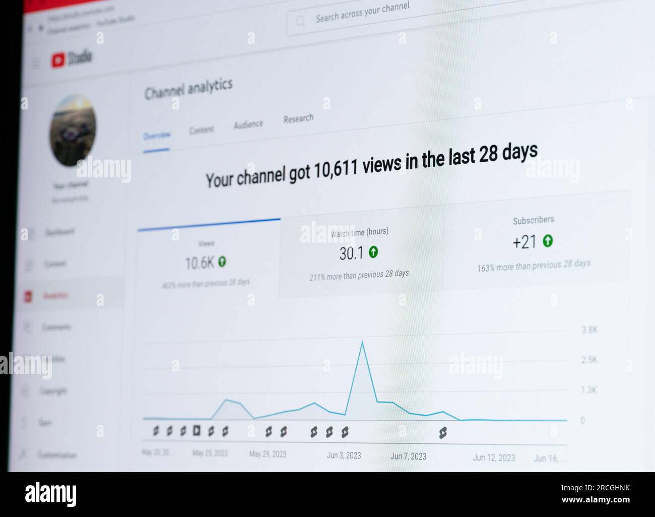 New York, USA - 17. Juni 2023: YouTube Channel Analytics-Menü Nahaufnahme auf dem Laptop-Bildschirm Stockfoto