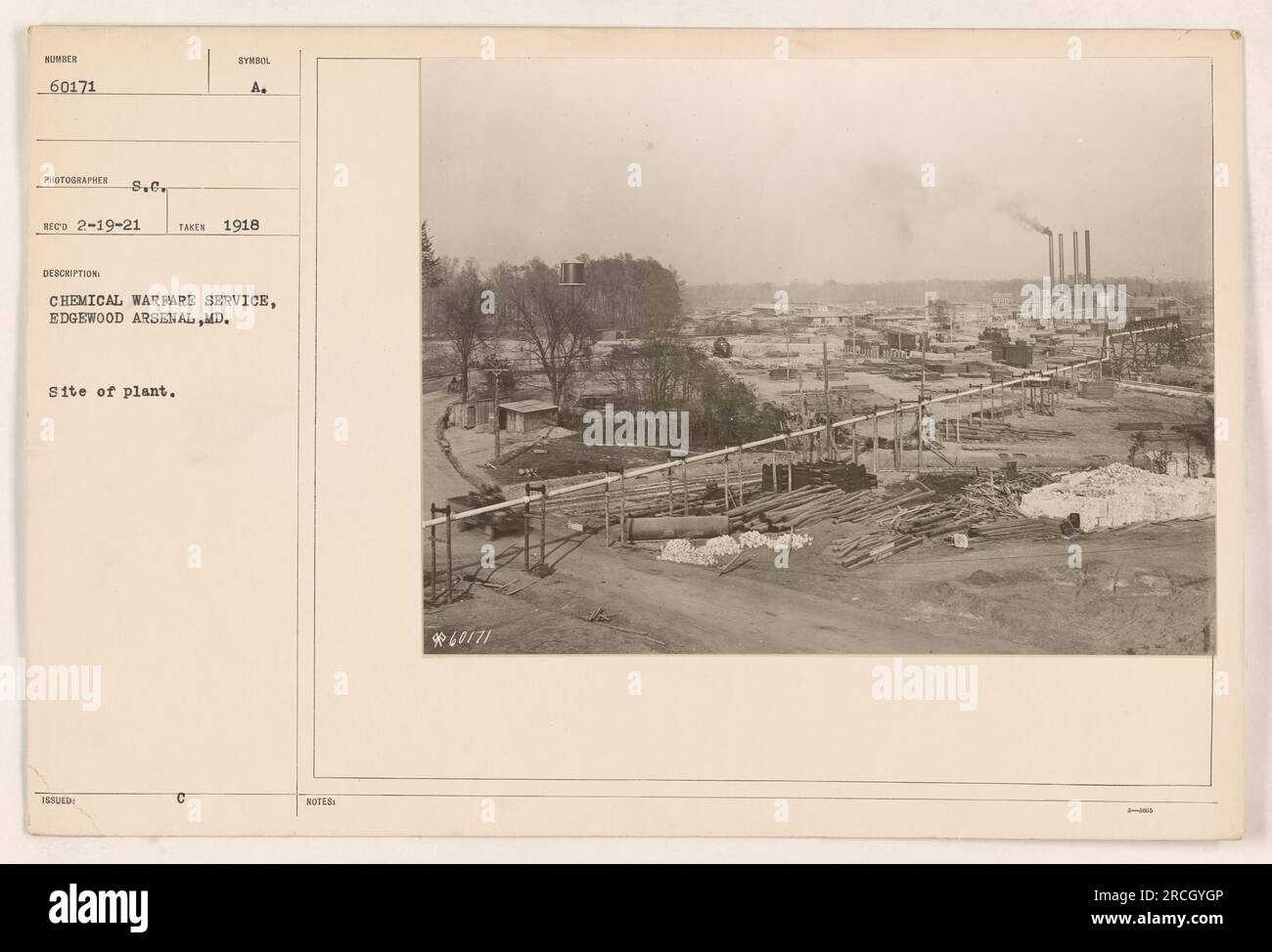 Das Bild zeigt den Standort von Werk Nr. 60171 in Edgewood Arsenal, Maryland. Das Foto wurde 1918 vom Fotografen S.C. aufgenommen Sie ist mit dem Chemical Warfare Service verbunden. Die Informationen gingen am 19. Februar 1921 ein. Das in den Bezugshinweisen verwendete Symbol ist 60171. Stockfoto