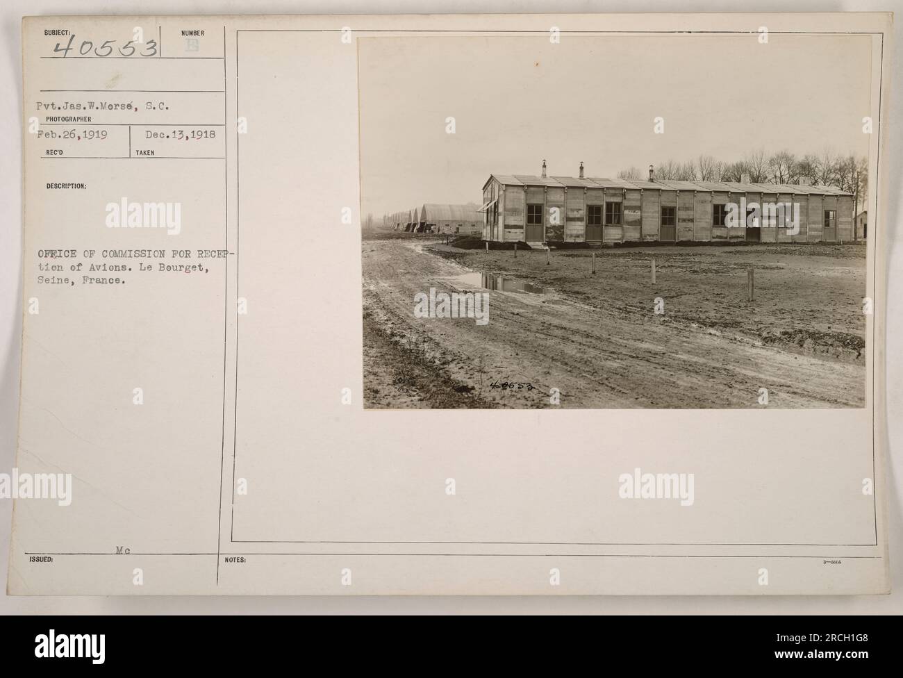 Pvt. Jes. Morse von der S.C.-Einheit ist auf diesem Foto abgebildet, das am 26. Februar 1919 im Büro der Kommission für den Empfang von Avions in Le Bourget, seine, Frankreich, aufgenommen wurde. Pvt. Morse erhielt am 13. Dezember 1918 eine Mc-Nummer. Stockfoto