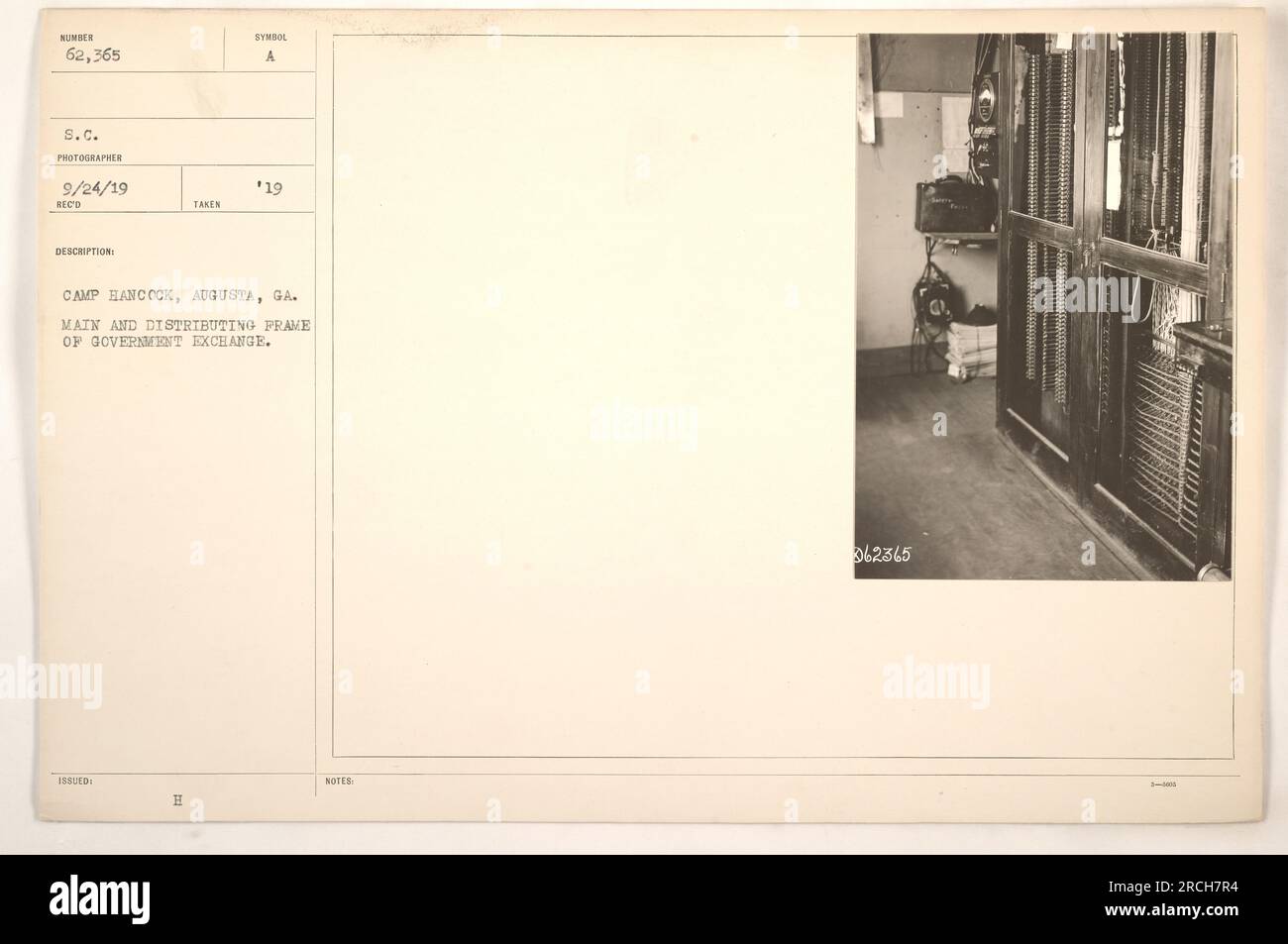 Abbildung: Haupt- und Verteilungsrahmen der Regierungsbörse Nr. 62.365 im Camp Hancock in Augusta, Georgia Das Foto wurde am 24. September 1919 von einem S.C.-Fotografen aufgenommen. Es ist Teil der Fotografien der amerikanischen Militäraktivitäten während des Ersten Weltkriegs. Stockfoto