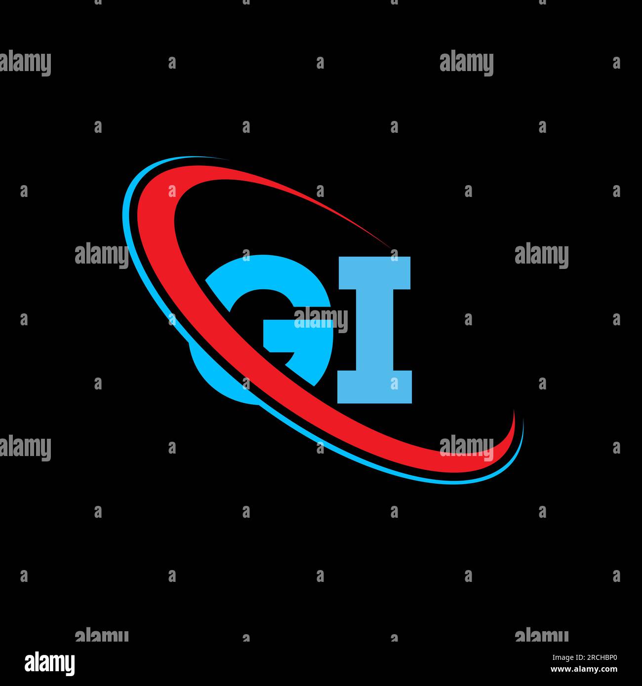 Logo mit GI G I -Buchstaben. Anfangsbuchstabe GI gekoppeltes kreisförmiges Monogramm-Logo in Großbuchstaben, rot und blau. GI-Logo, G I-Design Stock Vektor