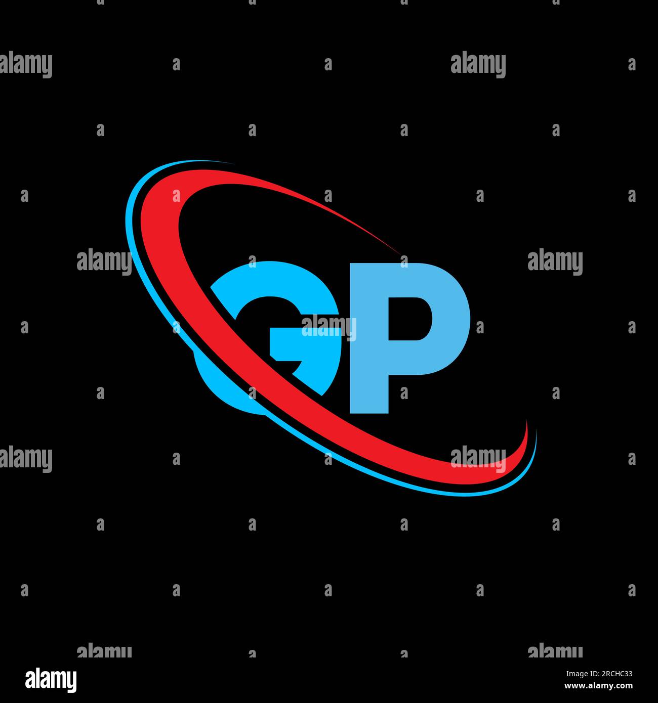 Logo des GP G P-Buchstabens. Anfangsbuchstabe GP gekoppelter Kreis Großbuchstaben Monogramm Logo rot und blau. GP-Logo, G P-Design Stock Vektor